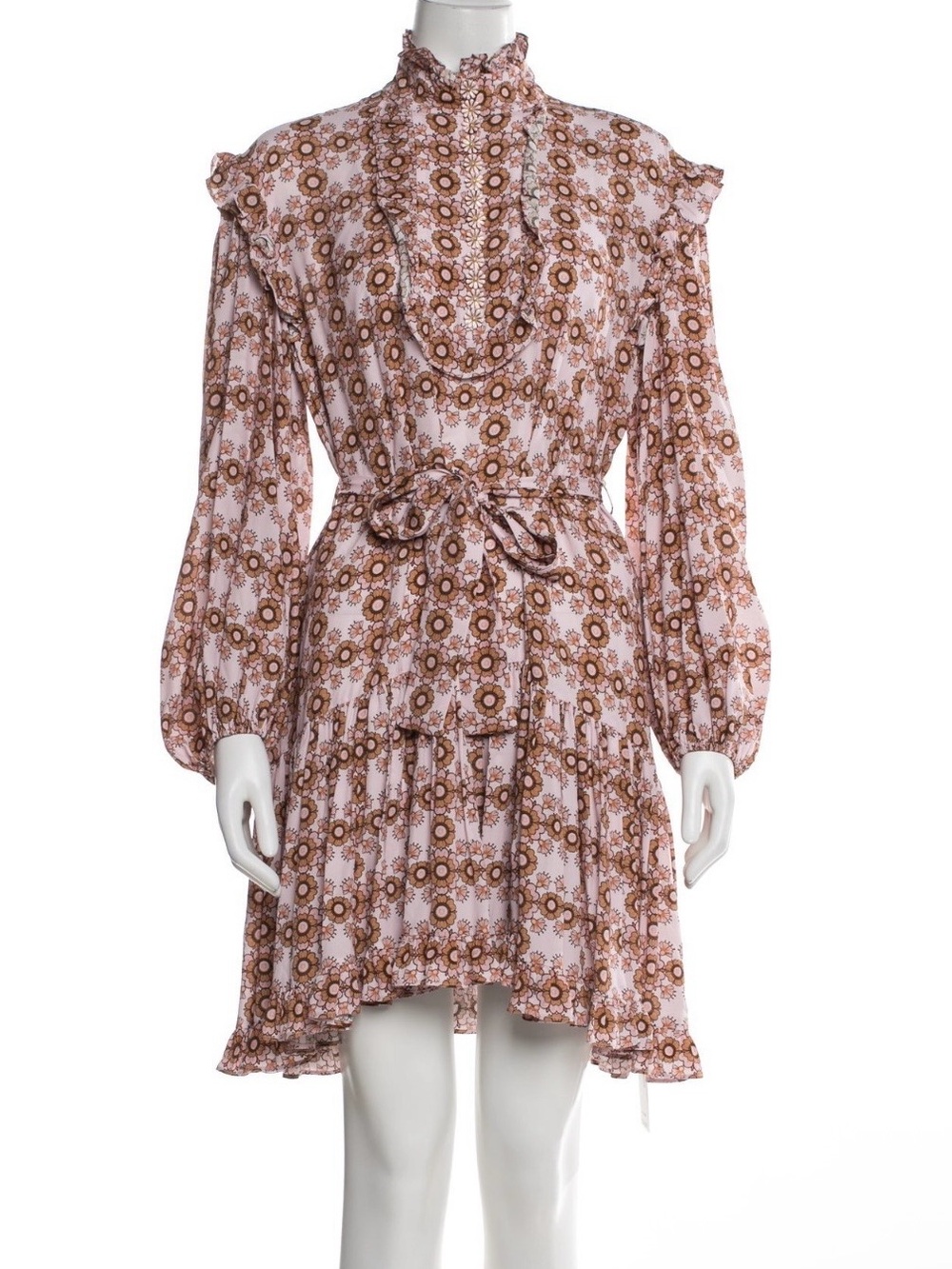 Zimmermann Pink and Brown Floral Ruffle Long-Sleeve Dress